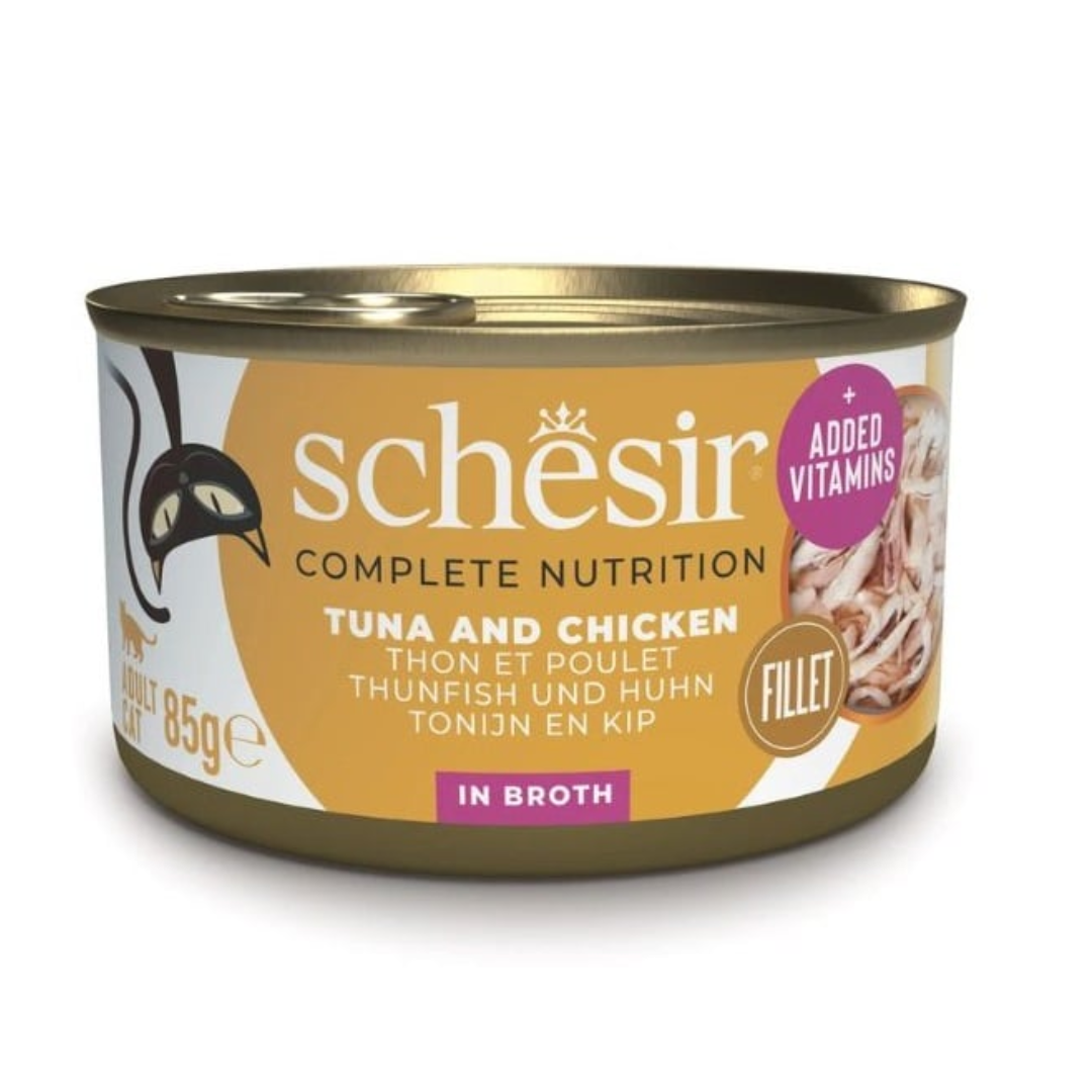 Website_background_99.png Schesir Cat Tuna Chicken & Rice in Broth 85g Tin - Image 1