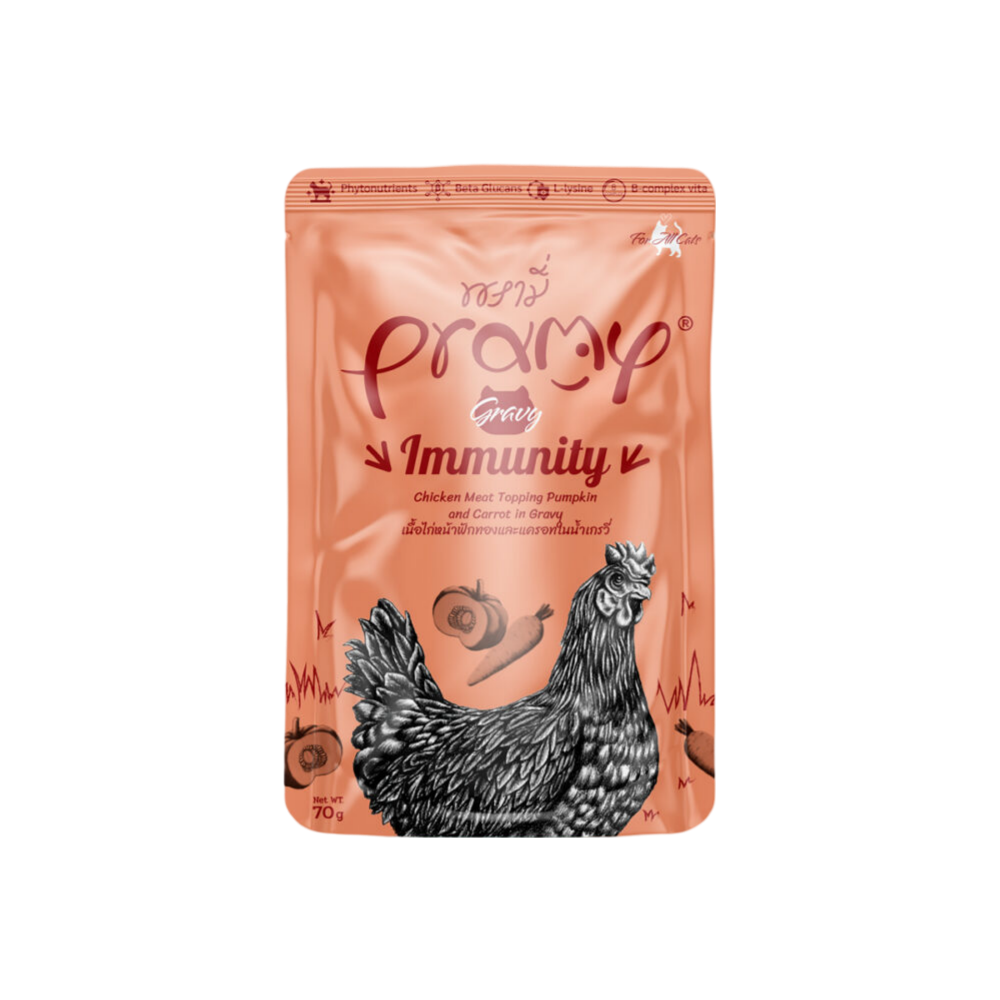 SP-Pramy-Pouch-SKU-Website-AW-6-1000x1000-1.png Pramy Cat Immunity Chicken Pumpkin & Carrot Gravy 70g - Image 1
